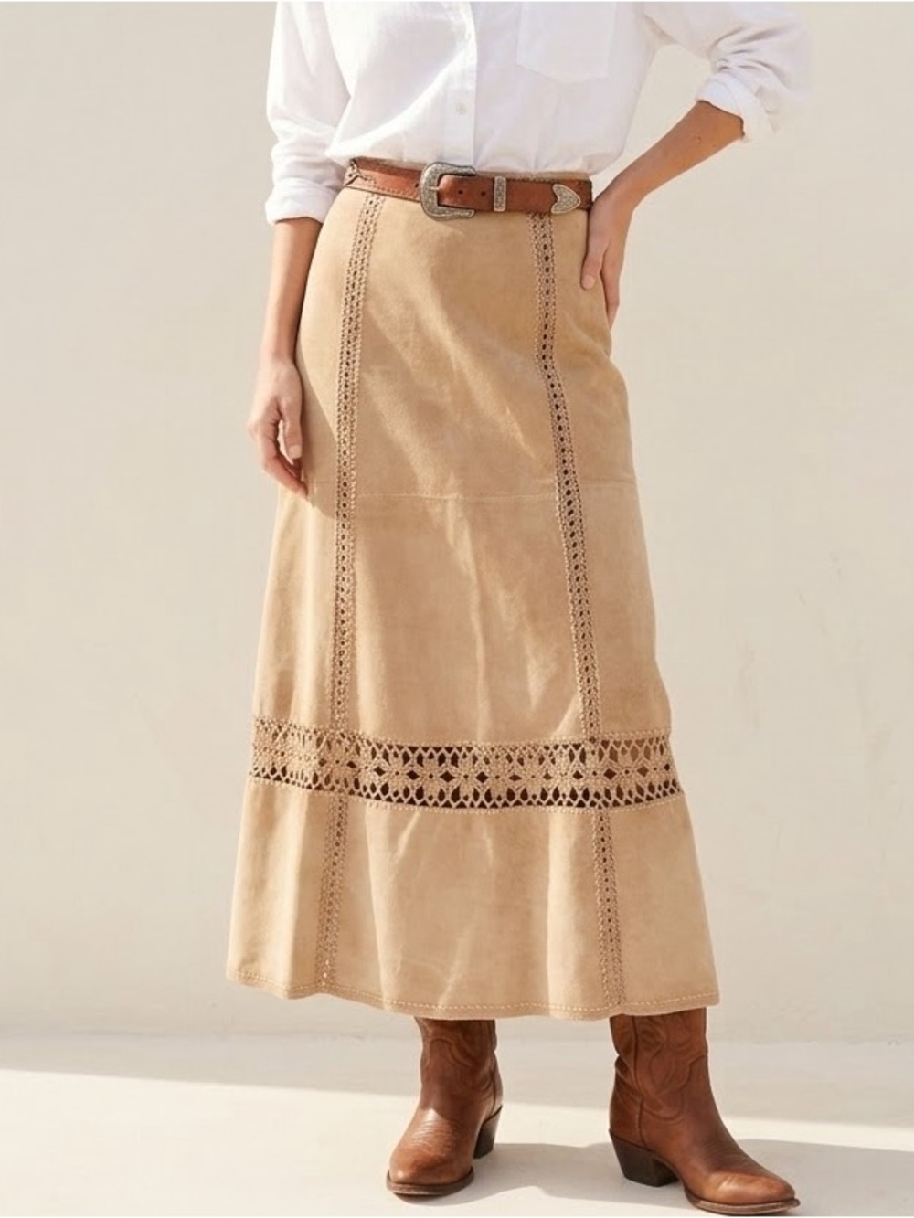 Y2K Vintage Coldwater Creek Suede Maxi Skirt S Western Boho Crochet 70s Prairie